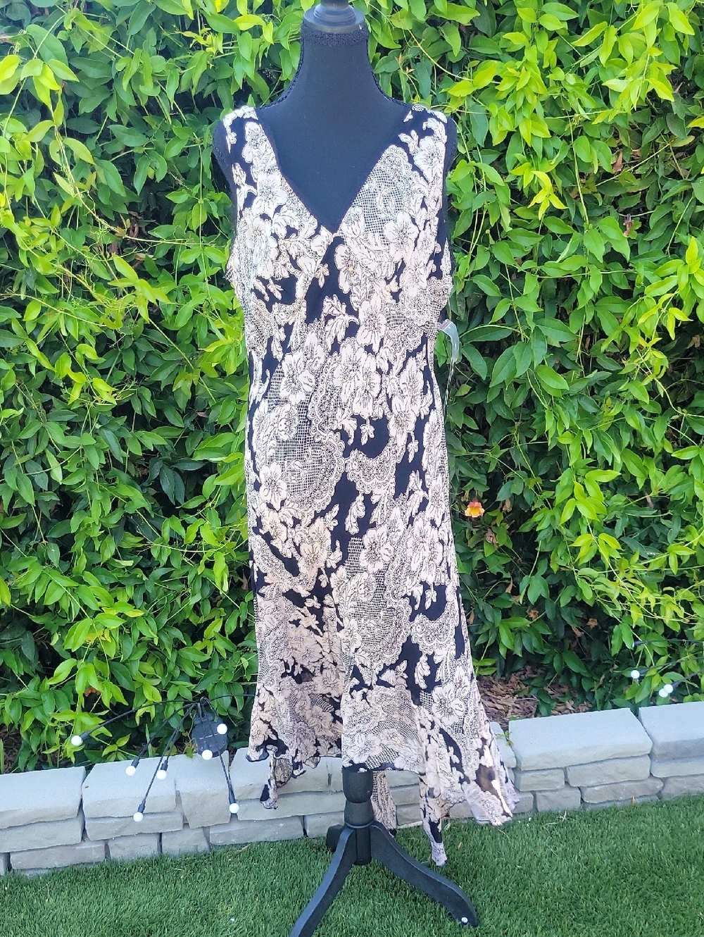 Black Floral Asymmetrical Beaded Whimsigoth Romantic Slip Dress Sz L
